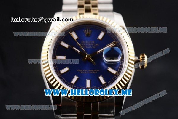 Rolex Datejust Clone Rolex 3135 Automatic Two Tone Case/Bracelet with Blue Dial and Stick Markers (BP) - Click Image to Close